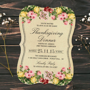Elegant Vintage Floral Thanksgiving Dinner Invitation
