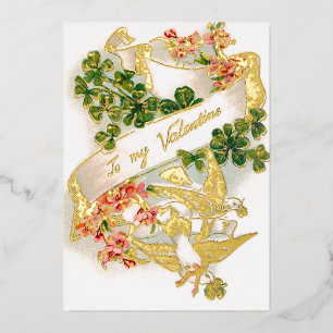Elegant Vintage Floral Valentine with Doves Foil Holiday Card