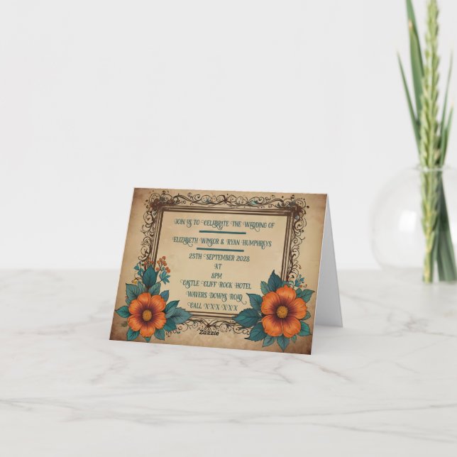 Elegant Vintage Floral Wedding Invitation Design (Back)