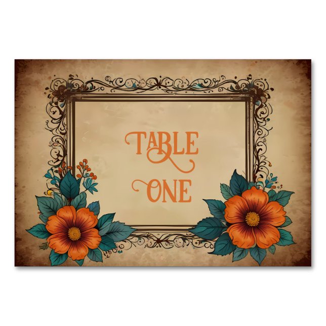 Elegant Vintage Floral Wedding Table Number (Front)