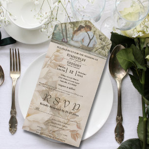 Elegant Vintage Floral White Rose Couple Photo All In One Invitation