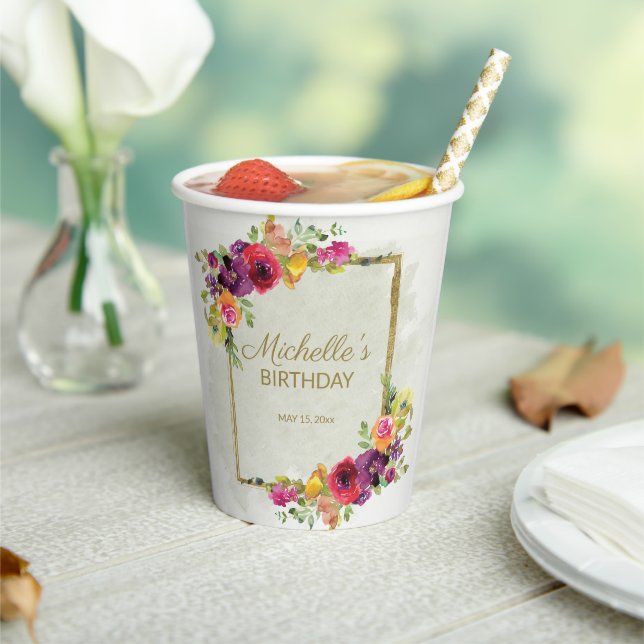 Elegant Vintage Floral Women's Birthday Paper Cups (Insitu)
