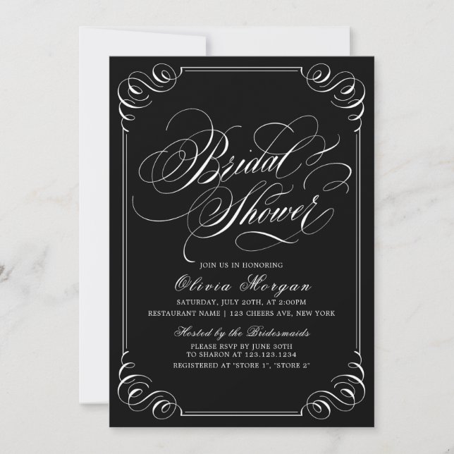 Elegant vintage flourish calligraphy Bridal Shower Invitation (Front)