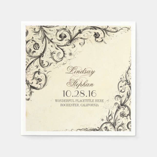 Elegant vintage flourishes wedding paper napkins (Front)