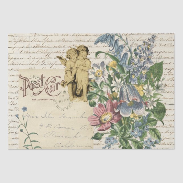 Elegant Vintage Flowers Cherubs Script  Tissue Paper (Front)