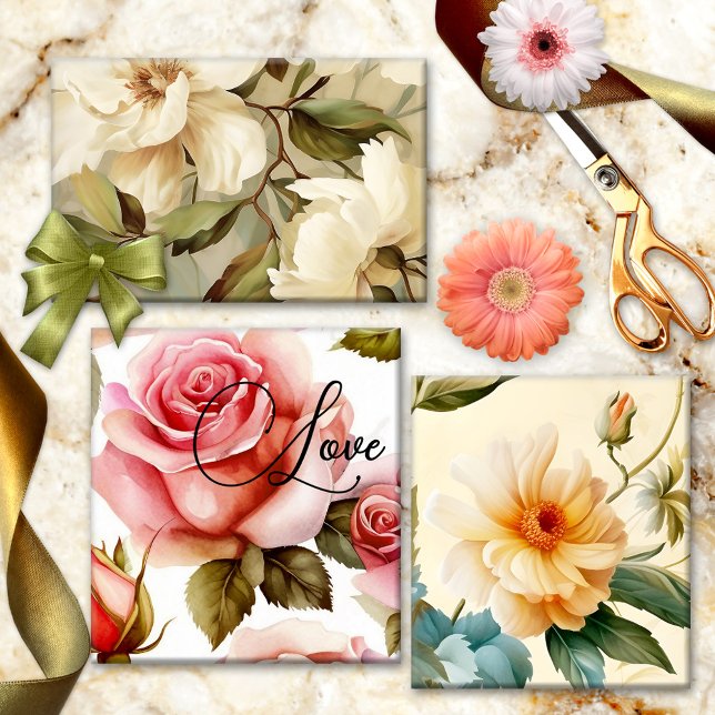 Elegant Vintage Flowers Romantic  Wrapping Paper Sheet (Wrapping paper sheets featuring a variety of painted floral designs in a vintage style)