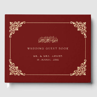 Elegant Vintage Frame Gold Burgundy Muslim Wedding Guest Book