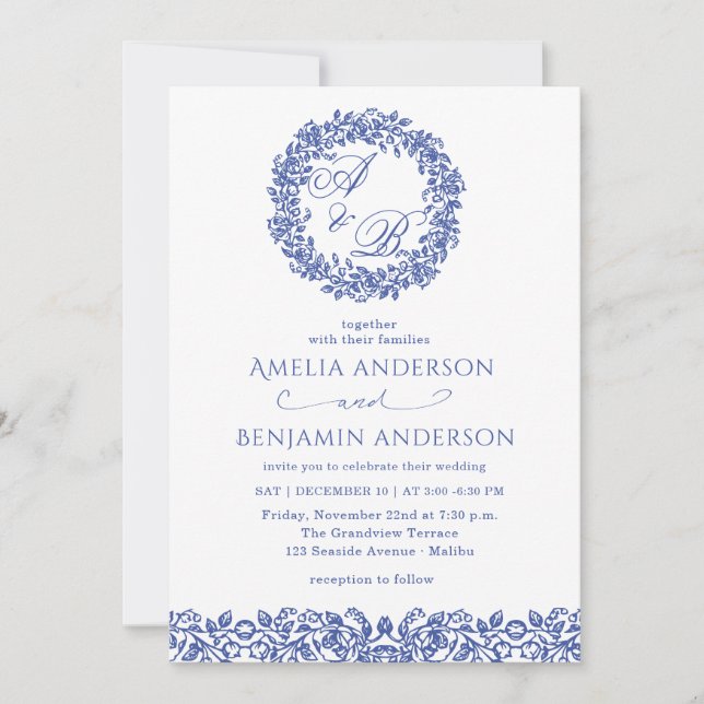 Elegant Vintage French  Blue Floral Wedding Invitation (Front)