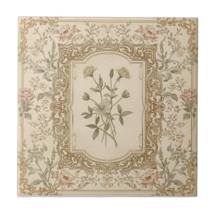 Elegant Vintage French Engraved Floral Pattern Ceramic Tile