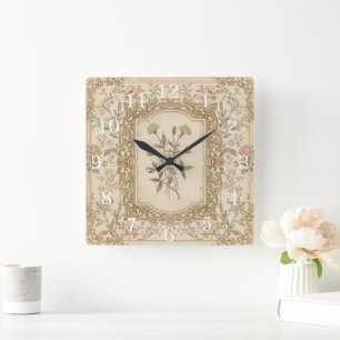 Elegant Vintage French Engraved Floral Pattern Square Wall Clock