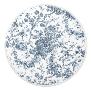 Elegant Vintage French Engraved Floral Toile-Blue Ceramic Knob