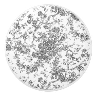 Elegant Vintage French Engraved Floral Toile-Grey Ceramic Knob