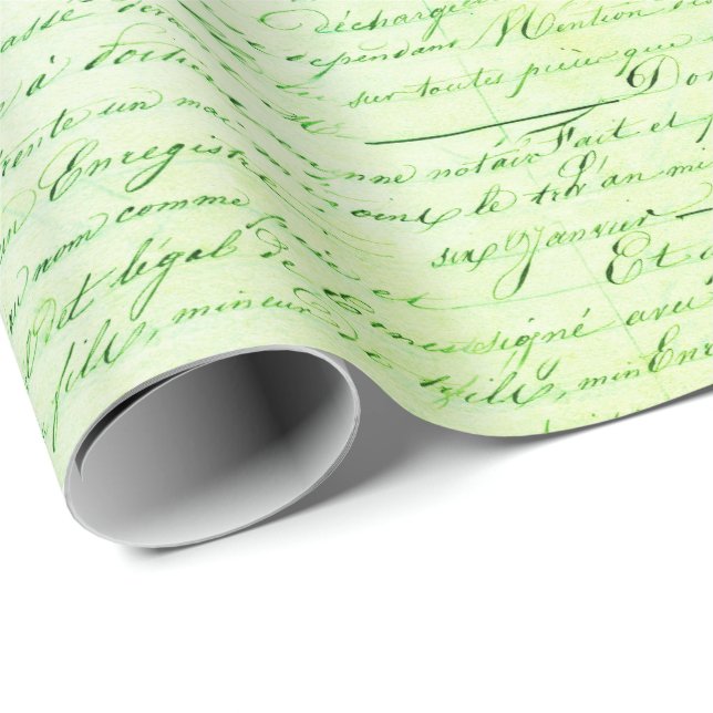 Elegant Vintage French Handwritten Letter Green Wrapping Paper (Roll Corner)