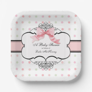 Elegant Vintage French Pink Ribbon Bow Baby Girl Paper Plate
