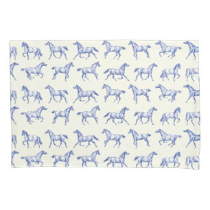 Elegant Vintage Galloping Horses Blue Toile  Pillowcase