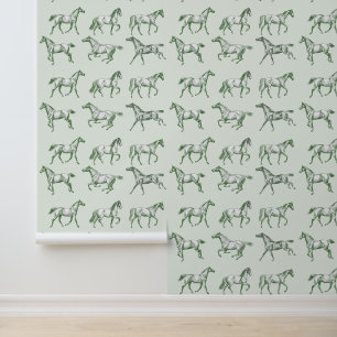 Elegant Vintage Galloping Horses Sage Toile  Wallpaper