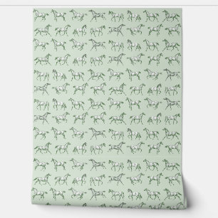 Elegant Vintage Galloping Horses Sage Toile Wallpaper