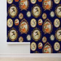 Elegant Vintage Girl Portrait Flowers Framed Navy