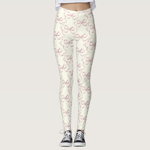 Elegant Vintage Girly Preppy Pink Bows on Ivory Leggings