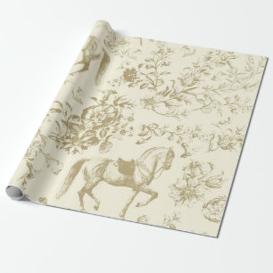 Elegant Vintage Gold Beige Horse Floral Pattern Wrapping Paper