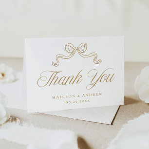 Elegant Vintage Gold Bow Photo Wedding Thank You Card
