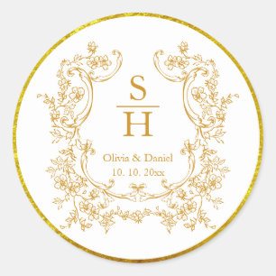 Elegant Vintage Gold Floral Wedding Crest Monogram Classic Round Sticker