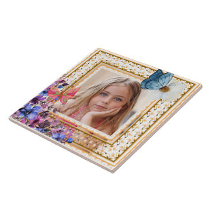 Elegant Vintage Gold Frame Mosaic Photo Keepsake T Ceramic Tile