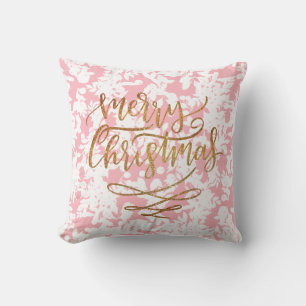 Elegant Vintage Gold Merry Christmas on Pink  Cushion