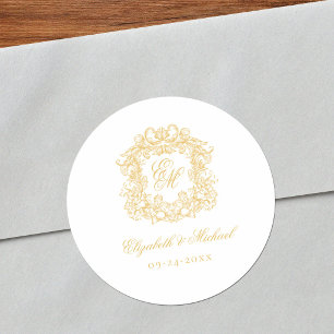 Elegant Vintage Gold Monogram Crest Wedding  Classic Round Sticker