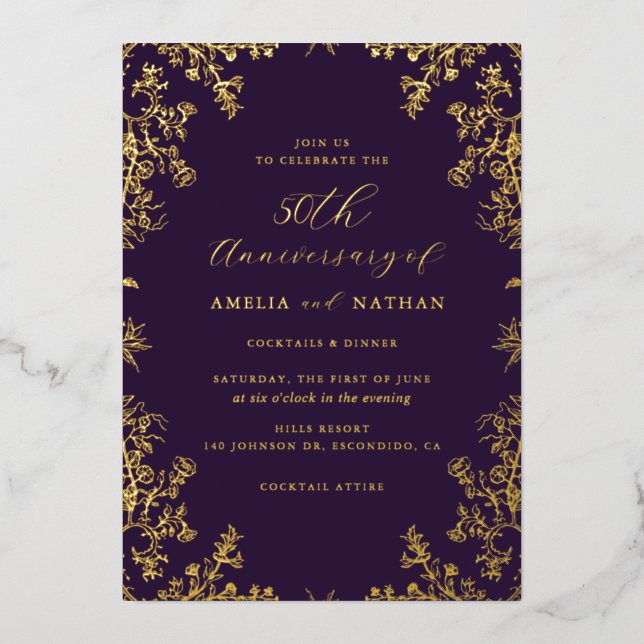 Elegant Vintage Gold Purple 50th Anniversary Party (Front)