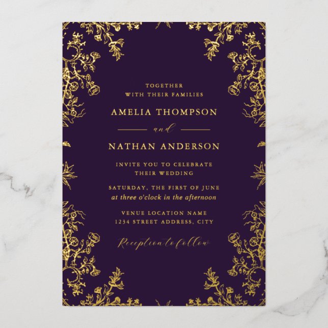 Elegant Vintage Gold Purple Wedding  (Front)