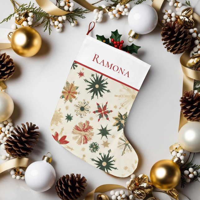 Elegant Vintage Gold Snowflakes  Large Christmas Stocking (Elegant Vintage Gold Snowflakes Large Christmas Stocking)