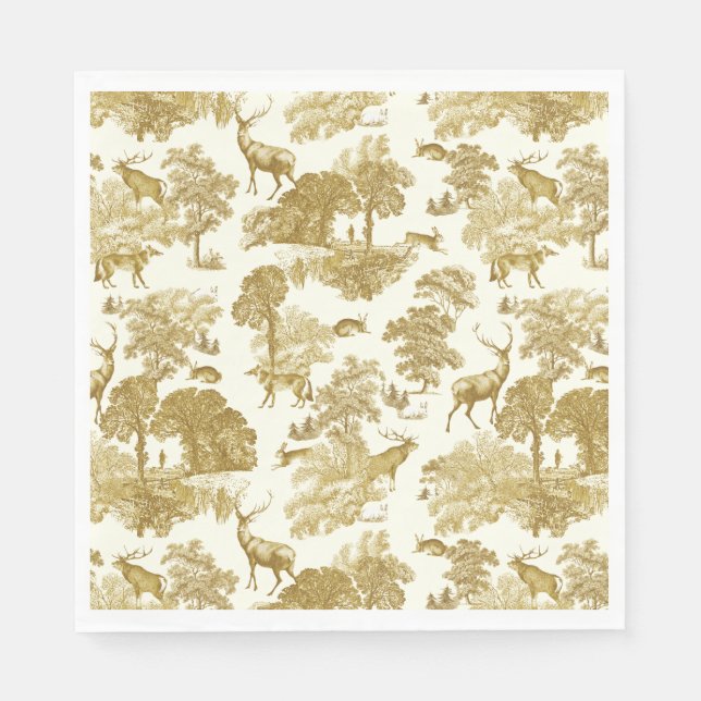 Elegant Vintage Gold Toile Deer Fox Woodland  Napkin (Front)