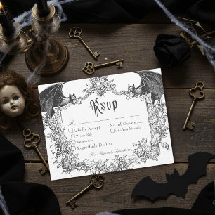 Elegant Vintage Gothic Black Toile Bat Wedding RSVP Card