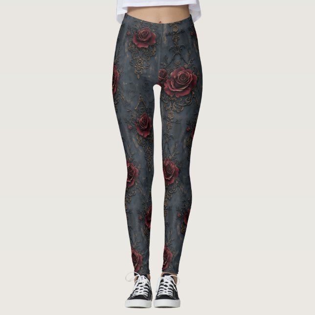 Elegant Vintage Gothic Pattern with Red Roses  Leggings (Front)