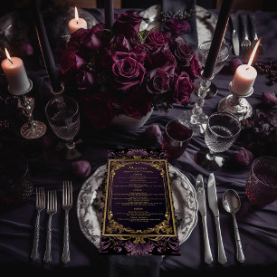 Elegant Vintage Gothic Purple and Gold Wedding Menu
