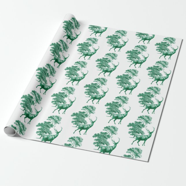 Elegant Vintage Green Deer Country Toile Wrapping Paper (Unrolled)