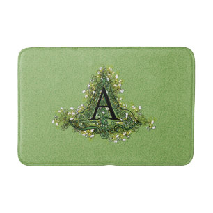 Elegant Vintage green Floral initial A monogram Bath Mat