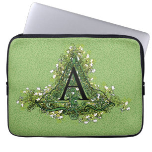 Elegant Vintage green Floral initial A monogram Laptop Sleeve