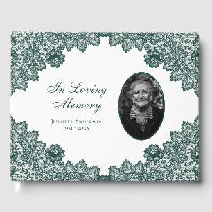 Elegant Vintage Green Floral Lace Funeral Photo Guest Book