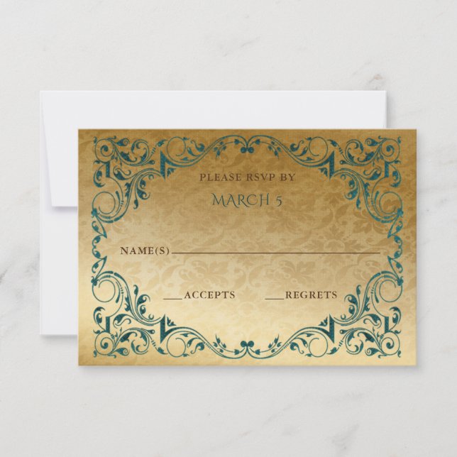 Elegant Vintage Green  Gold  RSVP Card (Front)