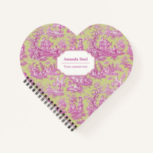 Elegant vintage green pink toile de jouy heart notebook