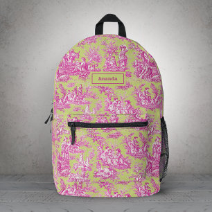 Elegant vintage green pink toile de jouy printed backpack