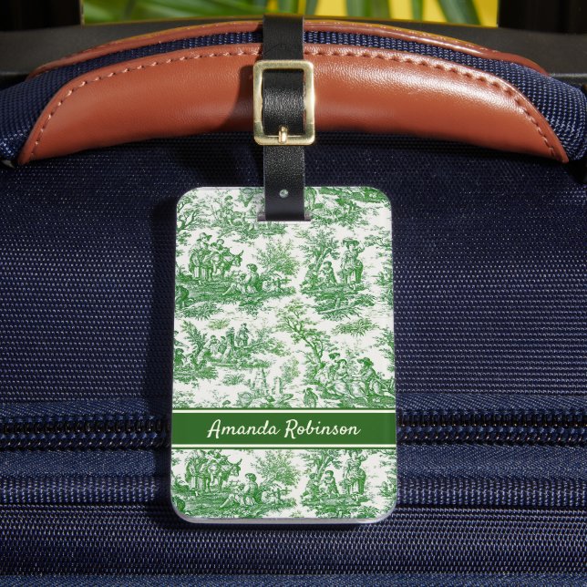 Elegant vintage green toile de jouy luggage tag (Front Insitu 2)
