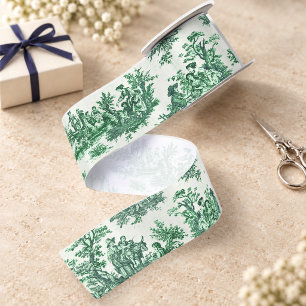 Elegant Vintage Green Toile Jouy Floral Ribbon Satin Ribbon