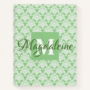 Elegant Vintage Green White Damask Name & Initial Notebook