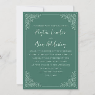 Elegant Vintage Green White Wedding Invitation