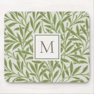 Elegant Vintage Green Willow Leaves Monogram Mouse Pad
