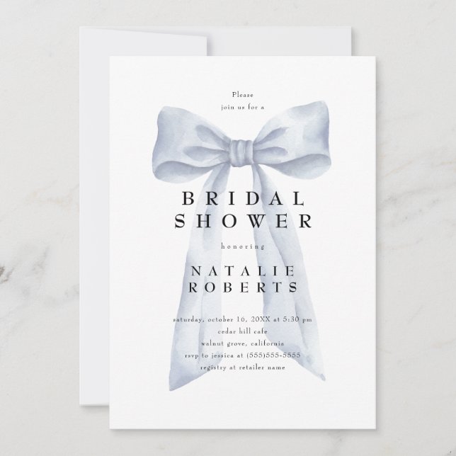 Elegant Vintage Grey Bow Bridal Shower Invitation (Front)