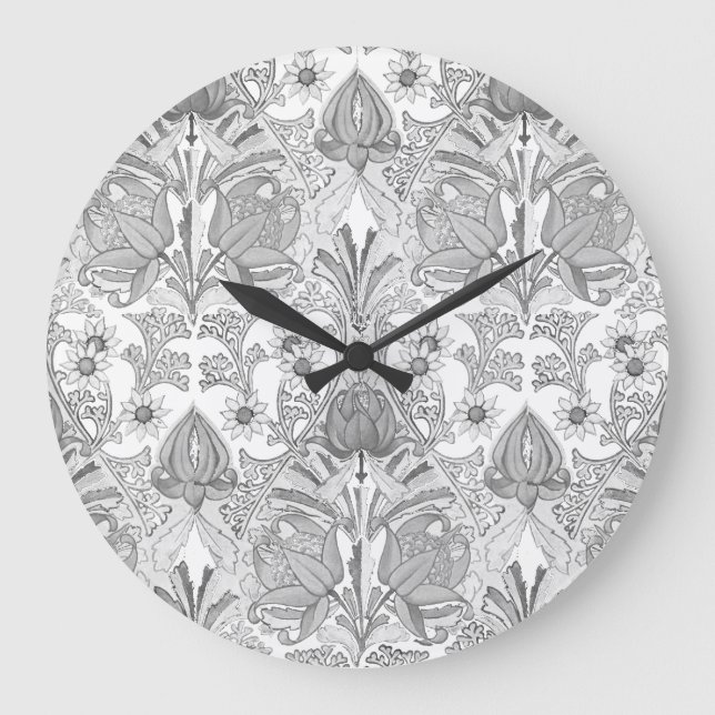 Elegant Vintage Grey White Flowers Pattern Large Clock (Front)
